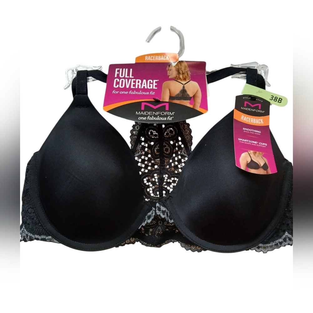 NWT Maidenform Racerback With Lace accents.38B Full Coverage,front Close